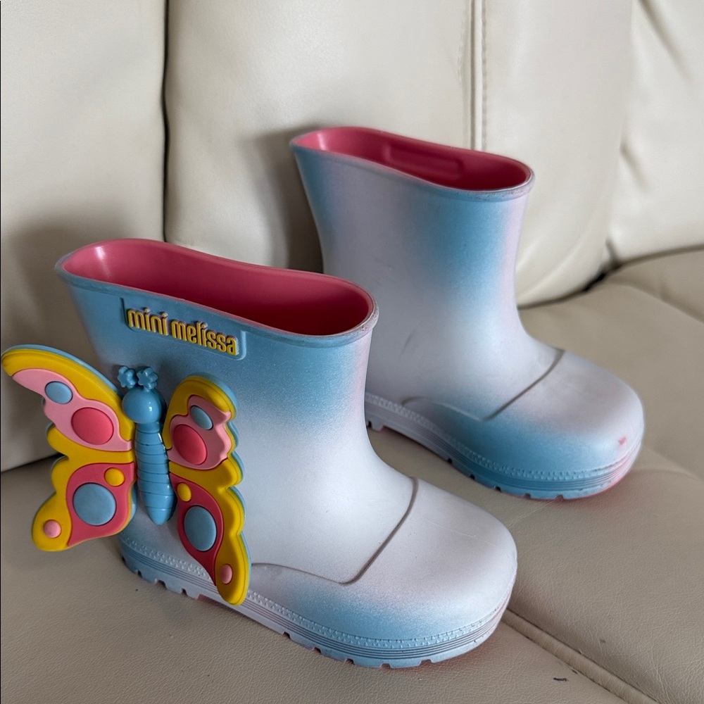 Mini Melissa Butterfly Accent Boots - Blue and Pink